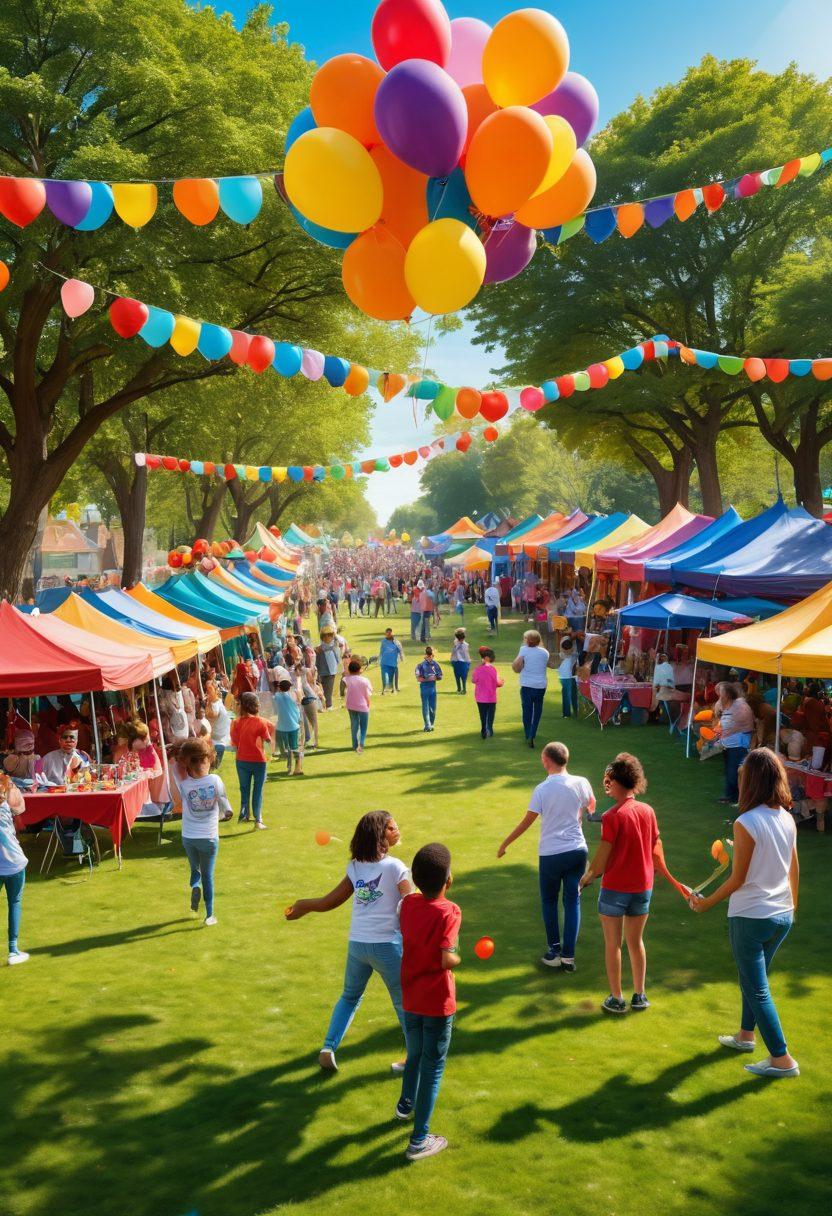 A lively community scene filled with diverse people of various ages joyfully participating in activities like dancing, painting, and playing games in a colorful park. Vibrant banners with the VGSX logo are hanging around, and balloons float in the background, emphasizing a sense of ecstatic celebration. Sunlight bathes the scene in warmth, enhancing the cheerful atmosphere. super-realistic. vibrant colors. playful style.
