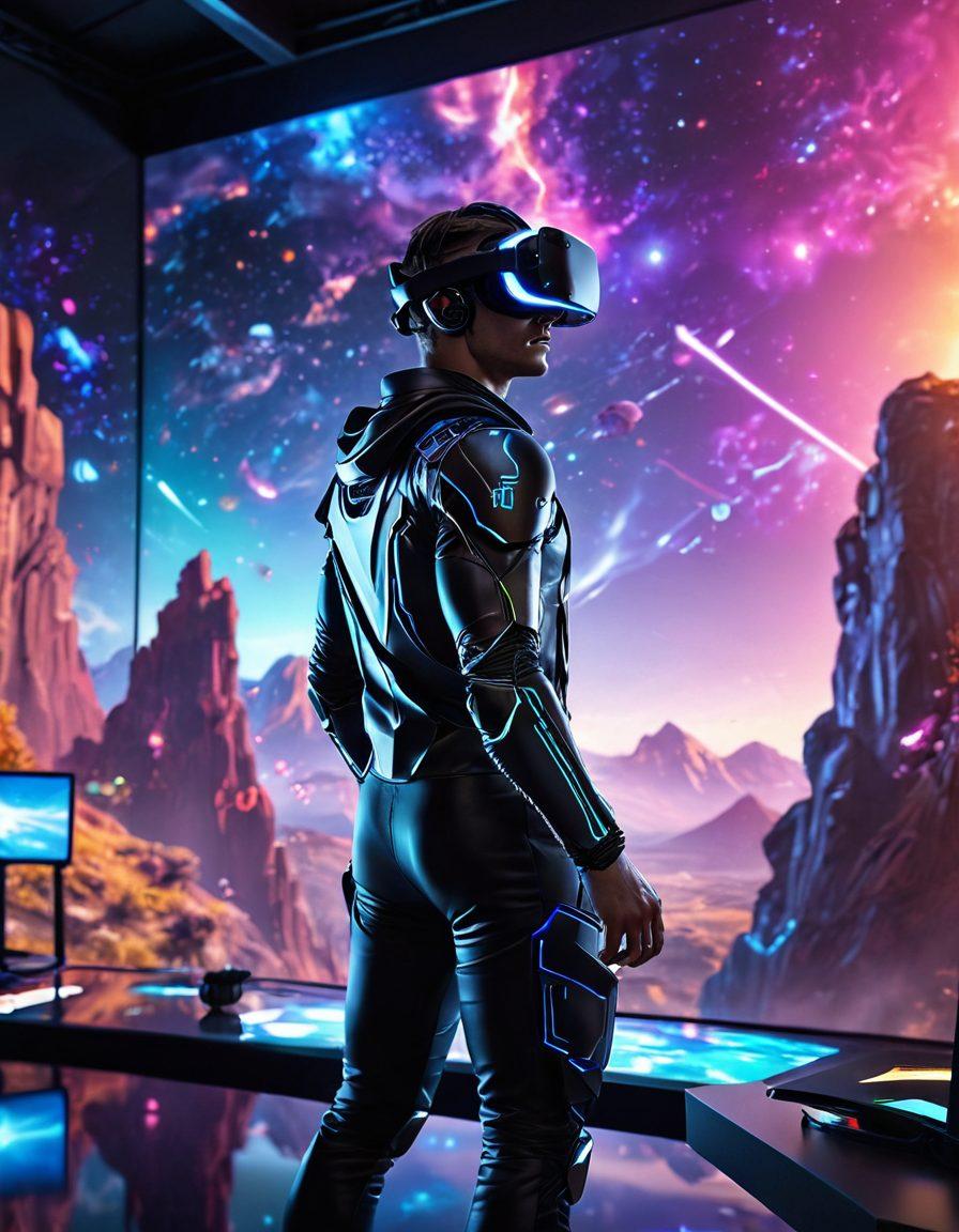 A dynamic scene showcasing a futuristic gamer immersed in an ultra-realistic gaming environment, adorned with vibrant LED lights and holographic displays. The character, wearing advanced VR gear, is surrounded by visually stunning landscapes, showcasing the seamless integration of VGSX technology enhancing gameplay. Include elements of joy and excitement, with glowing organic shapes symbolizing bliss. super-realistic. vibrant colors. 3D.